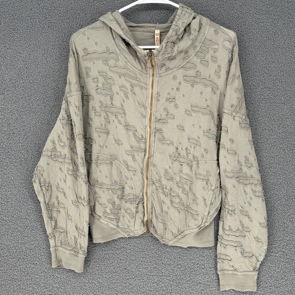 XCVI Distressed Full Zip Hoodie Olive Green Laser Cut Cotton Jacket Medium 14542